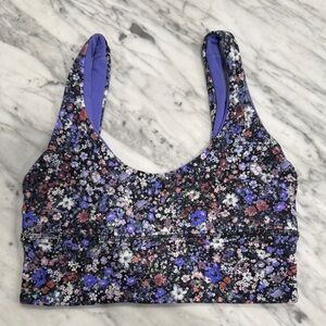 lululemon athletica Black Floral Scoop Sports Bra with Purple Lining